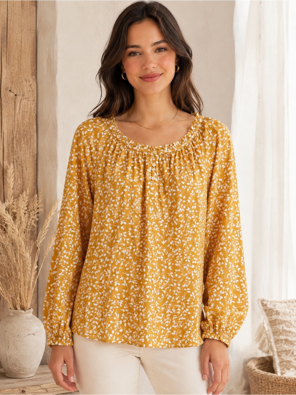 Style & Co Mustard Yellow Floral Long-Sleeve Peasant Blouse S